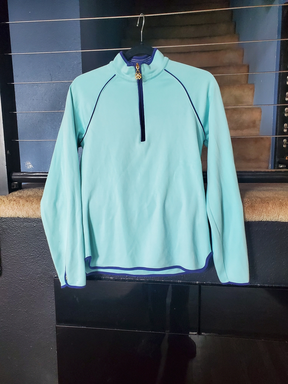 Bobby Jones Light Aqua Crewneck Pullover with Navy Trim